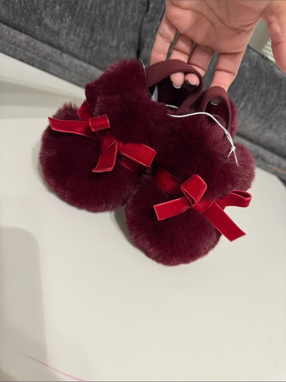 Kids Plush Pom Pom Slip-On Shoes in Burgundy